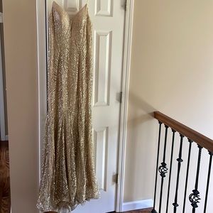 Gold sequin sparkle evening gown from bou bou size 8 fit and flare with slit
